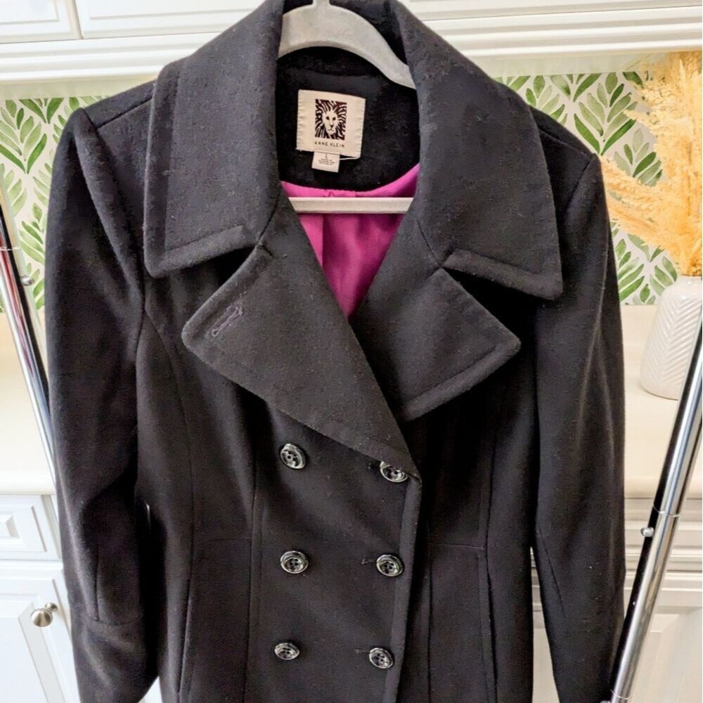 Black Anne Klein Double Breasted Wool Coat Large Winter Peacoat Classic Preppy - Picture 4 of 8